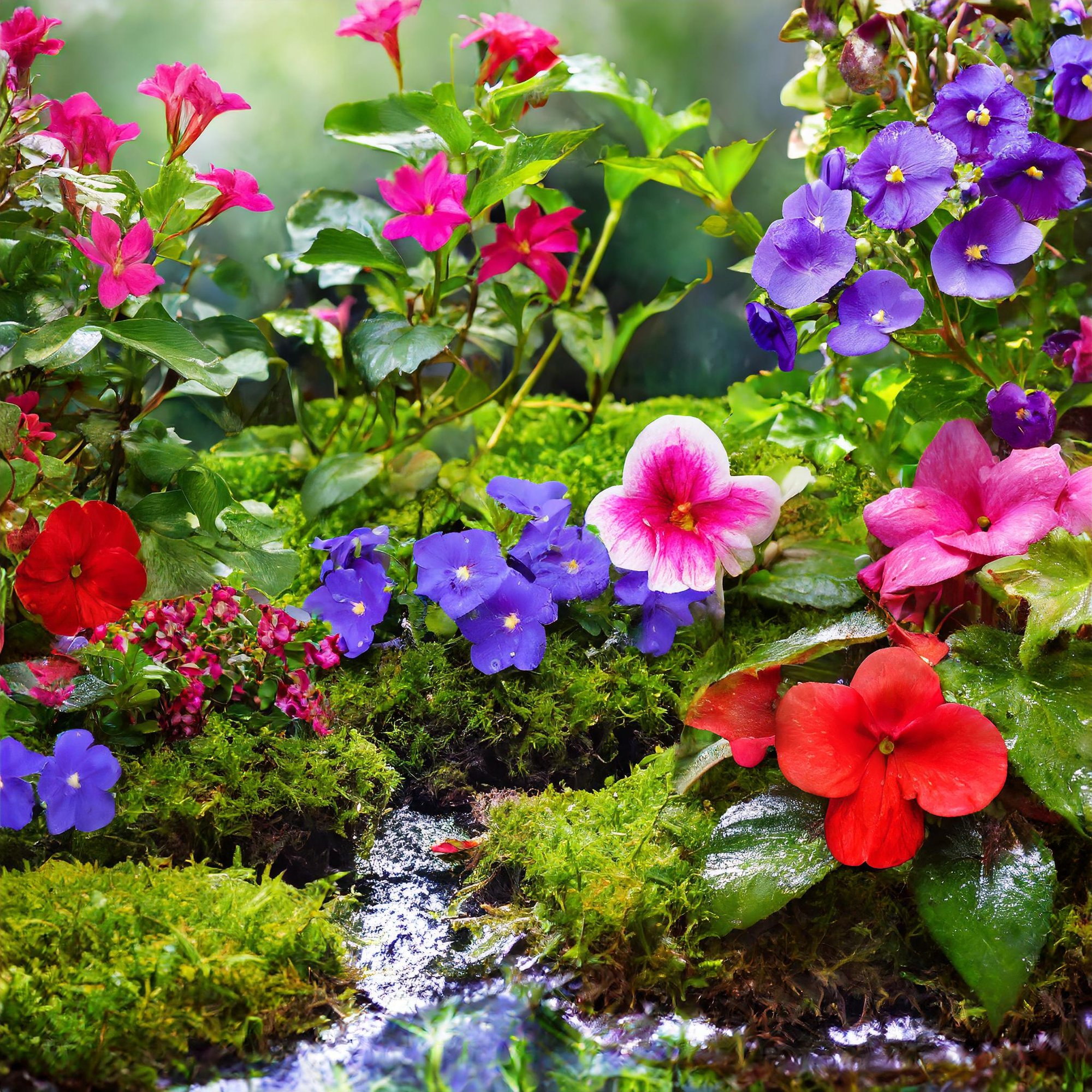 Firefly photo-realistic image of garden with moss rose, vinca, fan flower, angelonia, impatiens, wax