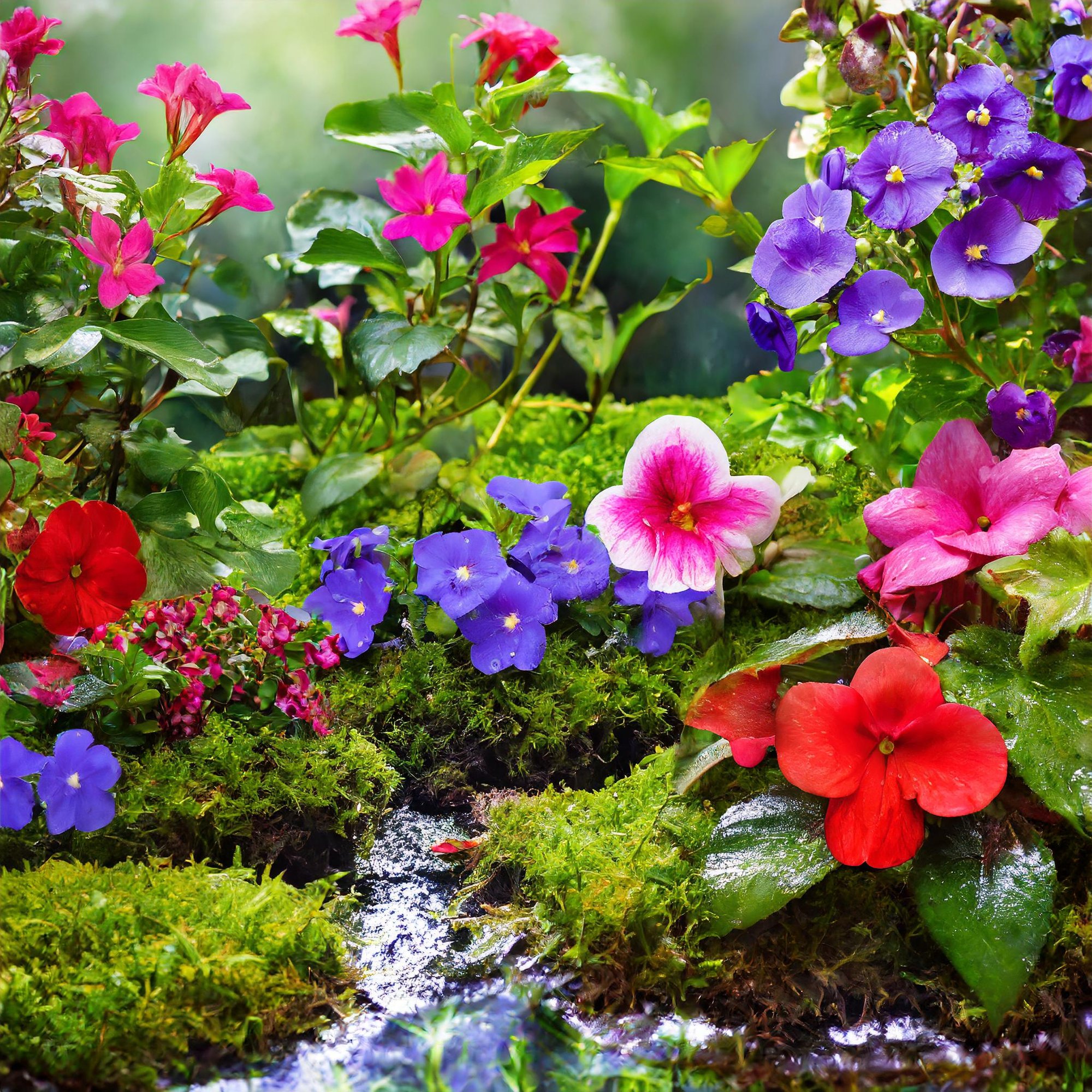 Firefly photo-realistic image of garden with moss rose, vinca, fan flower, angelonia, impatiens, wax Firefly photo-realistic image of garden with moss rose, vinca, fan flower, angelonia, impatiens, wax